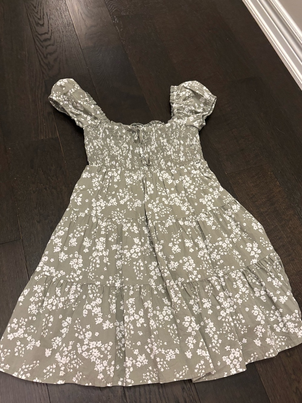 Garage Sage Green Floral Smocked Tiered Dress